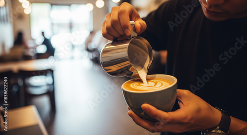 Close-up shot of a barista pouring steamed milk from a metal pitcher into a cup of coffee, creating latte art in a cozy cafe environment.
