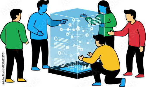 Team collaboration analyzing holographic data structure for future technology development
