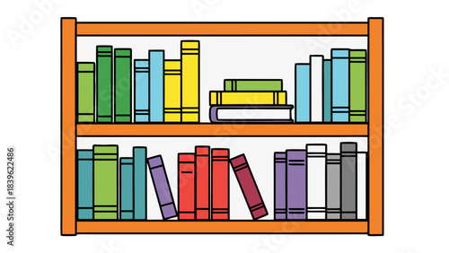 A Detailed Illustration of an Orange Wooden Bookshelf Filled With Colorful Books on a Black Background Displaying Various Shades of Green Blue Yellow Red and Purple in a Clean Arrangement