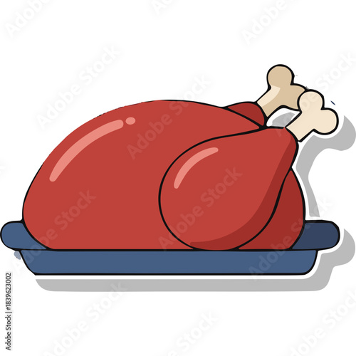 A cartoon illustration of a roasted chicken with brown skin and white meat cooked to perfection and ready to be served on a blue platter with a subtle shadow on a transparent background ideal for