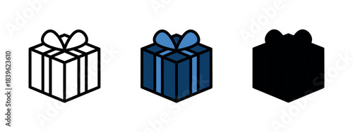 A set of three gift box icons: an empty outline, a filled box with blue tones, and a solid black gift box.