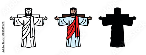 A colorful illustration of Jesus Christ with a red sash, arms outstretched in a welcoming gesture, symbolizing peace and salvation.