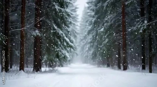 Snowy forest path with tall pine trees during winter snowfall  