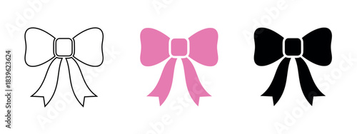 A set of three bow tie icons: white outline, pink filled bow tie, and solid black bow tie.