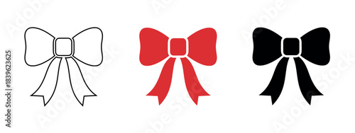 A set of three bow tie icons: white outline, red filled bow tie, and solid black bow tie.