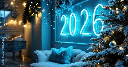 Festive interior scene. Bright neon sign displays year 2026. Cozy sofa, decorated tree, warm lights create holiday mood.