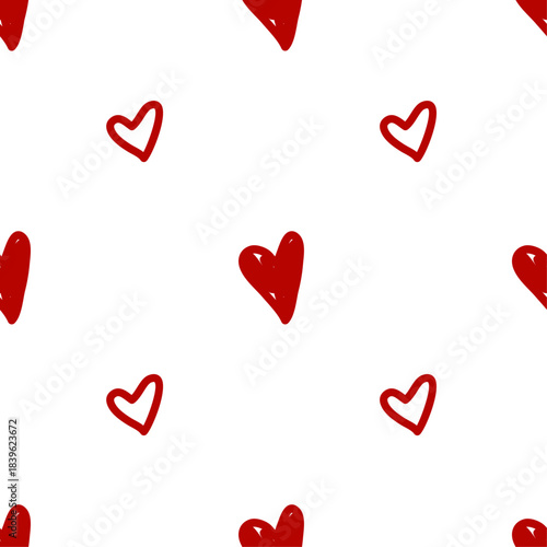Seamless pattern with hand-drawn red hearts.