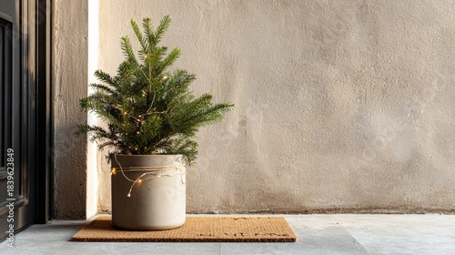 Mini fir tree adorned with string lights beside a holiday doormat at an urban apartment entrance