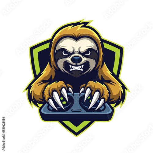 Furious Sloth E-sports Mascot Design gripping a Game Controller firmly on a vibrant green and black shield badge.