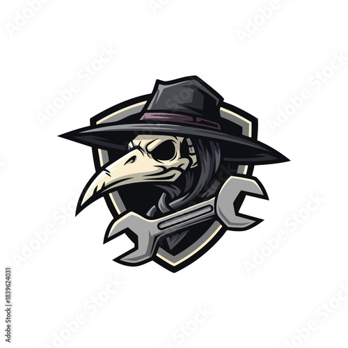 Plague Doctor Mask Mascot Logo with Wrench and Hat, Mystical Mechanic Service Badge Design Vector Art.