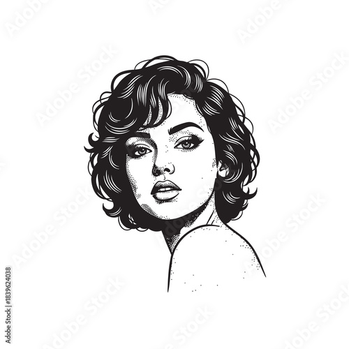 Elegant Monochrome Portrait of a Beautiful Woman with Curly Hair in Vintage Film Noir Style Sketch.