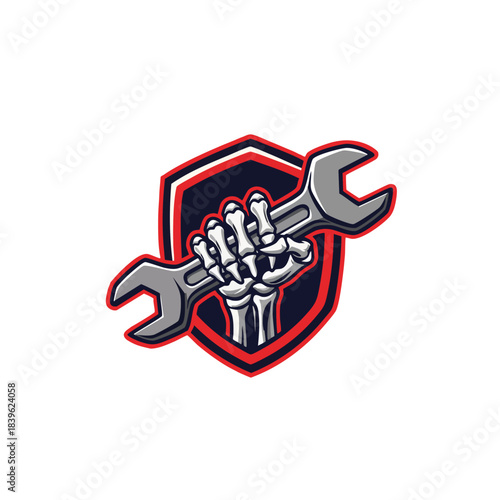 Skeletal Hand Holding Wrench Mascot Logo within a Red and Blue Shield for Mechanic Workshop Vector Design.