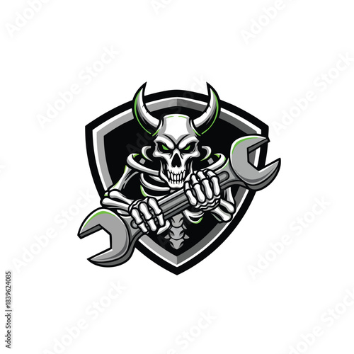 Aggressive Skeleton Mascot Logo with Horns Holding a Wrench Inside a Green and Black Shield Vector Design.