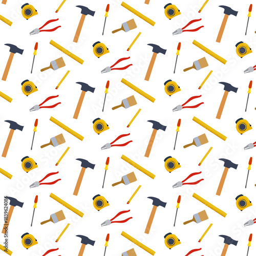 Colored construction tools on a white background.Vector seamless pattern of padan and construction tools on a light background.