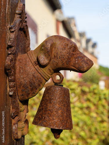 Rusty entrance bell hanging from dog head sculpture