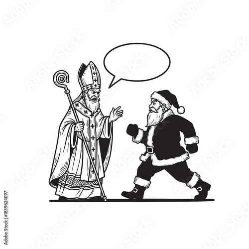 Humorous Black and White Illustration of Traditional Saint Nicholas Talking to Modern Santa Claus with Speech Bubble.