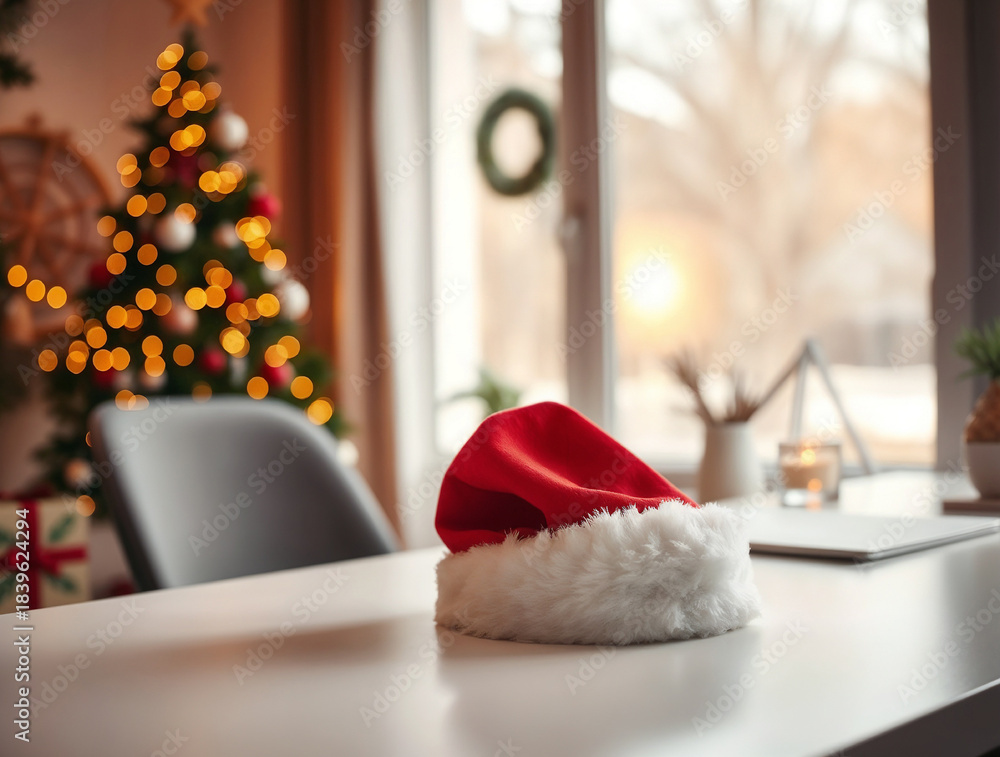 Fototapeta premium Holiday Christmas decoration on a table with Santa hat and a winter snow background