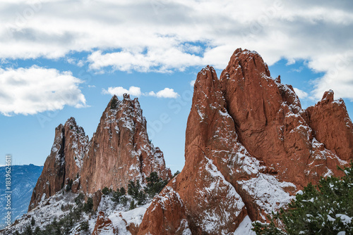 Beautiful winter scene at Central Garden trail in Garden of the Gods Park in Colorado Springs, Colorado.