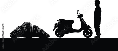 A silhouette of a giant croissant next to a scooter and a person standing on a plain surface