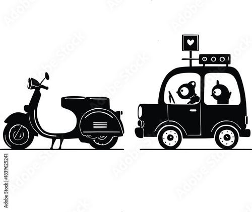 Cute cartoon couple driving car with scooter parked nearby