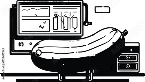 An outline illustration of a large cucumber lying on a desk in front of a computer monitor