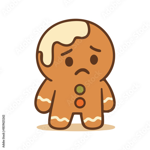 A gingerbread man with a sad and disappointed expression, reflecting a downhearted mood in a holiday context.