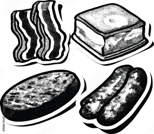 Breakfast meat product set vintage woodcut style vector illustration