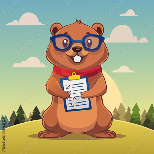Groundhog Office Illustration — cartoon groundhogs with glasses holding clipboards in outdoor landscapes