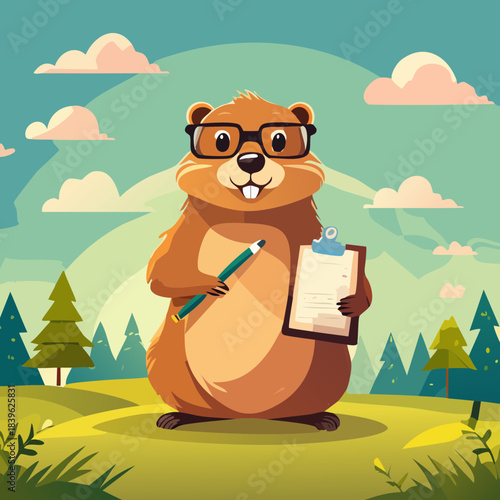 Groundhog Office Illustration — cartoon groundhogs with glasses holding clipboards in outdoor landscapes