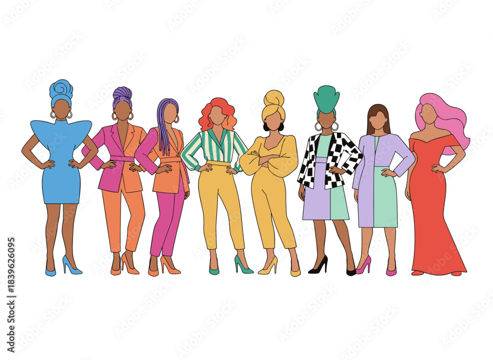 Obraz premium A flat vector cartoon illustration of a diverse group of multicultural women wearing trendy outfits and dresses, each in a different casual style, set against a white background