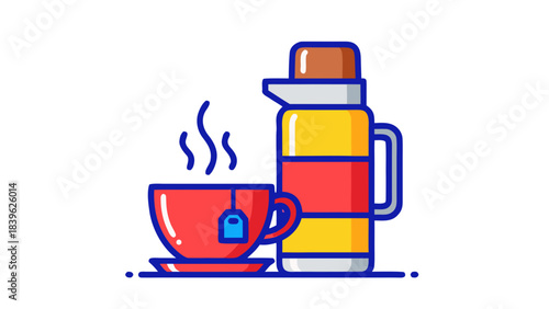 A Red Teacup with a Tea Bag and a Yellow and Red Thermos Container on a Black Background