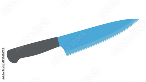 A sharp blue steel chef's knife with a dark gray handle lies on a black background, its blade reflecting light. Culinary tool for food preparation and cooking