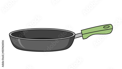 A simple black frying pan with a light green handle is shown against a solid black background suitable for culinary concepts and kitchenware illustrations