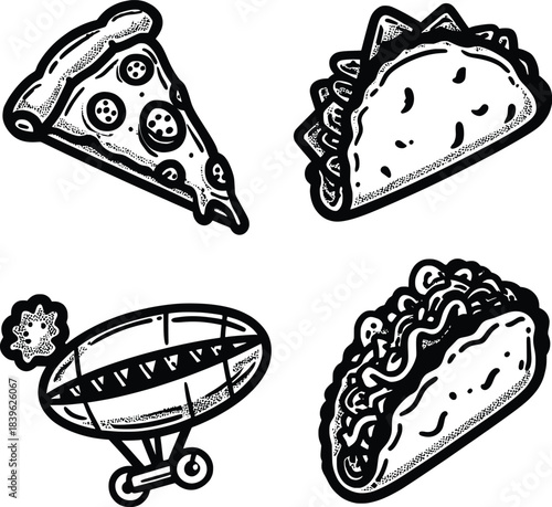 Pizza slice, tacos, and airship retro comic style vector illustration set