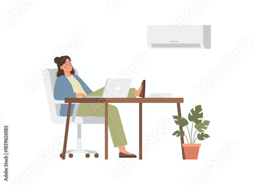 An office air conditioner lowers the temperature as a cheerful person uses a remote to turn it on, relishing the cool breeze, depicted in a flat vector illustration on a white background