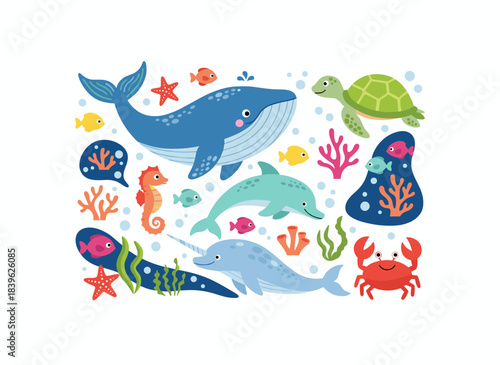 A seamless pattern featuring sea and ocean animals against a blue background, including narwhal, turtle, and dolphin, designed for endless repeatable printing as a colored flat cartoon vector