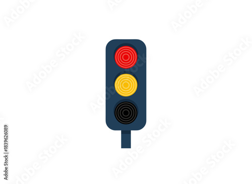Illustration of a traffic light with red and yellow signals, semaphore stop and warning signs, LED stoplights for crossroad safety and regulation, presented as a flat vector on a white background