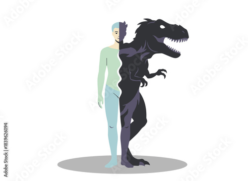 A flat vector illustration of a cartoon naked man posing, half of his body in shadow, symbolizing the duality of a male’s dark personality on a white background, representing psychological issues and