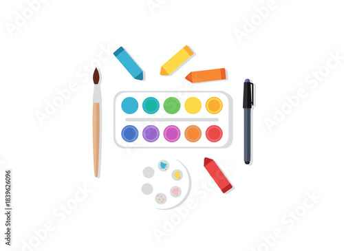 A watercolor palette, oil pastel pencils, pigment liner, and brush composition, along with watercolor paints, a water‑color case, and painting supplies, are displayed in a flat vector illustration
