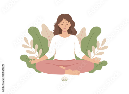 A woman in nature, meditating and relaxing, practicing yoga in a zen lotus pose, embodies harmony and peace; a flat vector illustration set against a white background