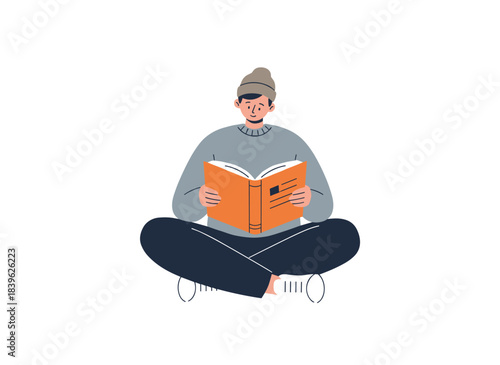 A young man leisurely holds an open paper book, reading literature and an abstract novel while studying for an exam, depicted in a flat vector illustration on a white background