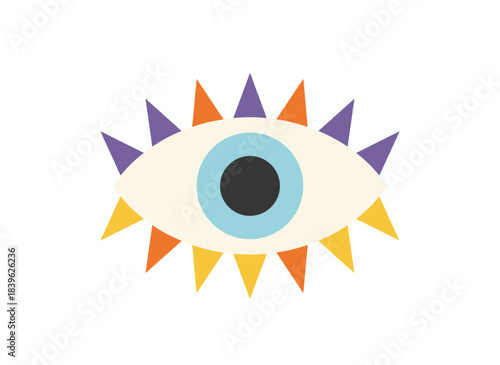 A magical evil eye adorned with colorful eyelashes, a mystical spiritual eyeball rendered in doodle style, a Turkish abstract occult amulet, all depicted as a flat vector illustration on a white