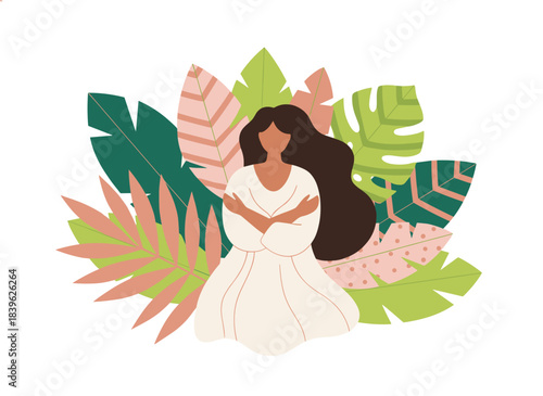 A woman surrounded by flowers, joyfully depicted with plants in nature, embodying body positivity, mental well-being, self-esteem, and affection, rendered as a flat vector illustration on a white