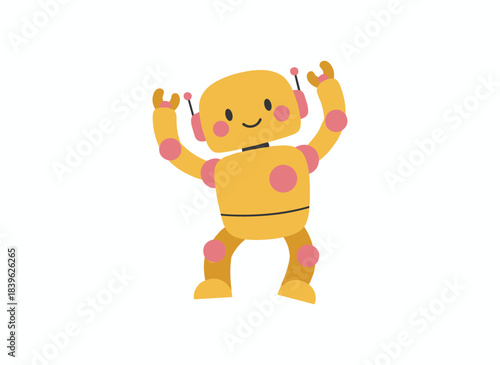 A charming, smiling robot stands alone against a white backdrop, depicted as a playful toy cyborg, electronic monster, and artificial mechanical being in a modern, childlike flat cartoon vector