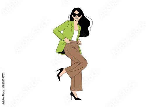 A joyful, smiling woman model poses confidently in a fashionable jacket, trousers, and sunglasses, standing relaxed in a flat vector illustration against a white background
