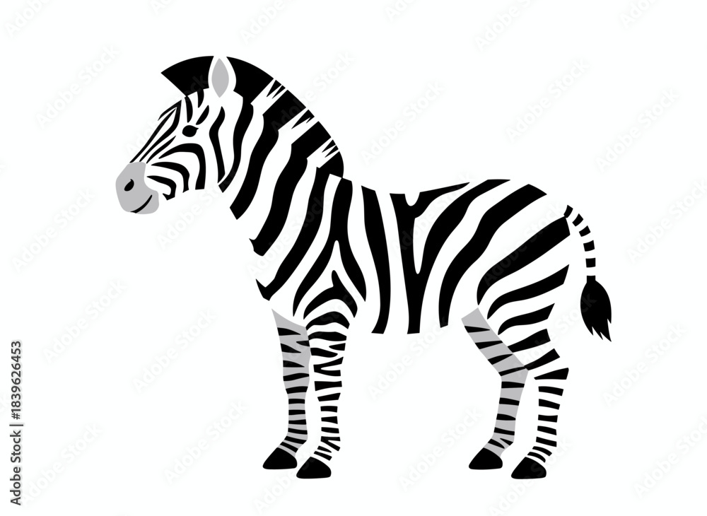 Naklejka premium A zebra stands alone against a white backdrop, depicted as a striking wild herbivore with a striped coat, exuding grace as an exotic African species in a vibrant flat cartoon illustration