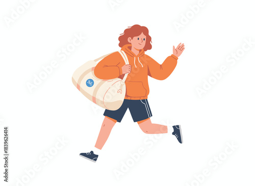 Adorable teenager dashes to school, shown in a flat vector cartoon with a backpack, isolated on a white background