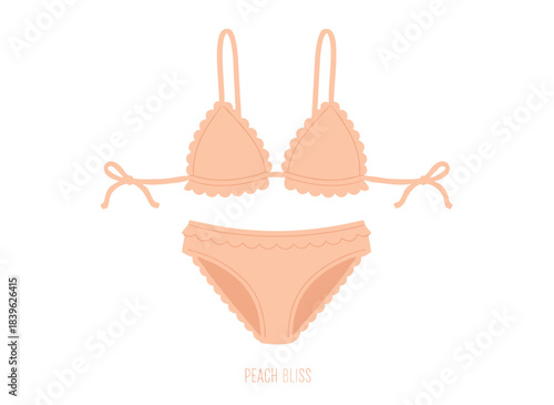 A flat vector illustration on a white background depicting lingerie, a bikini top and bottom, underwear, a feminine bra and panties, two‑piece swimwear, a swimsuit, beachwear, and a summer