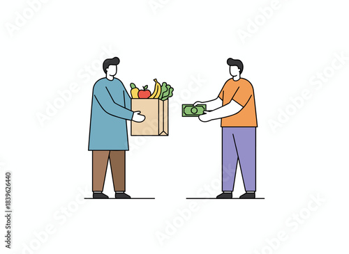 A pair of hands holding a paper bag filled with fruits and vegetables, passing money, illustrated with contour lines against a blue background, depicting a food delivery order in monochrome linear