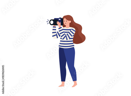A professional female photographer or videographer capturing images or filming with a camera, a young African American woman taking photos or shots, all depicted in a flat vector illustration on a